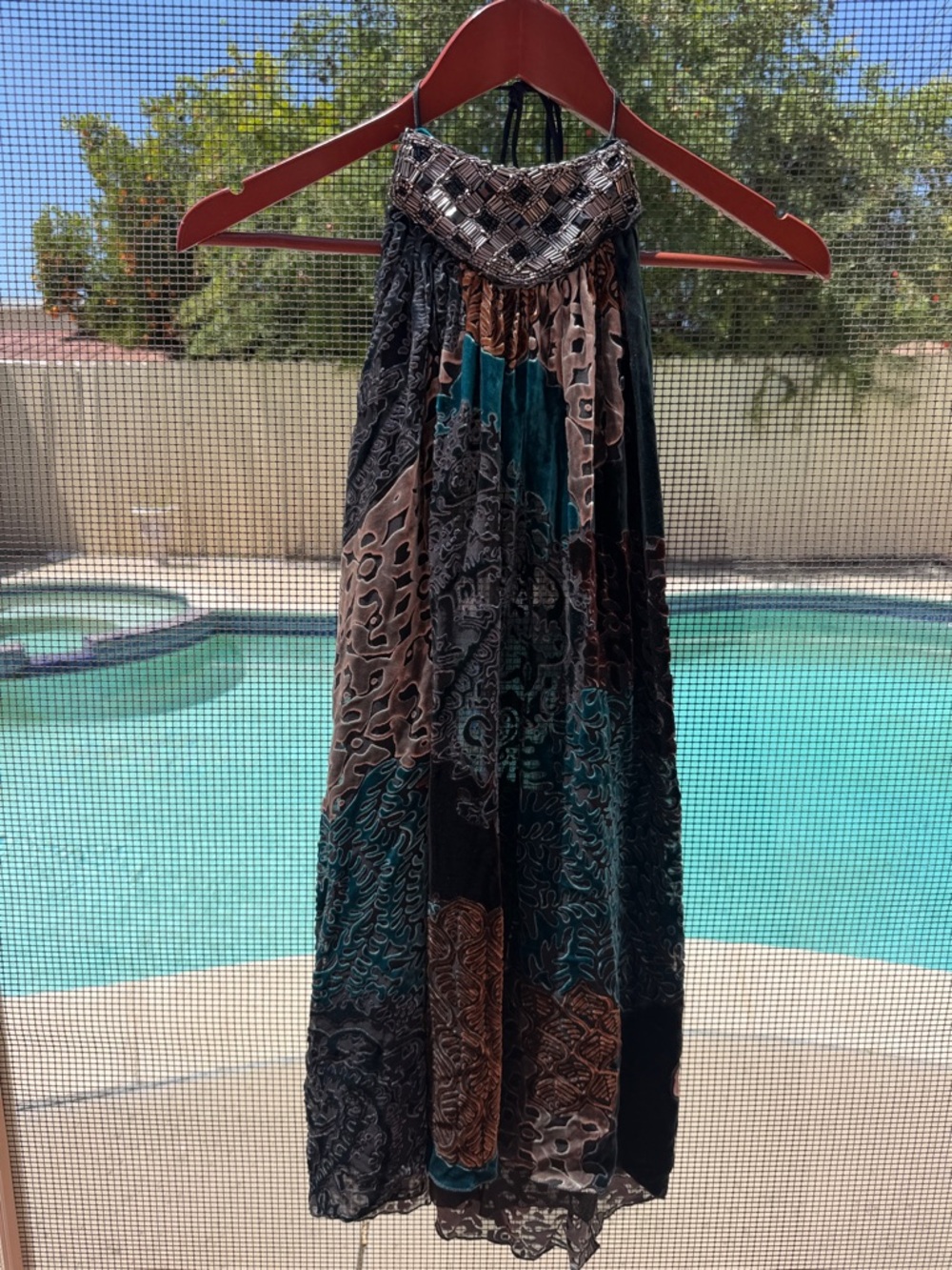 Unyx Teal & Black velvet burnout Halter Mini Dress with Beaded Neckline backless